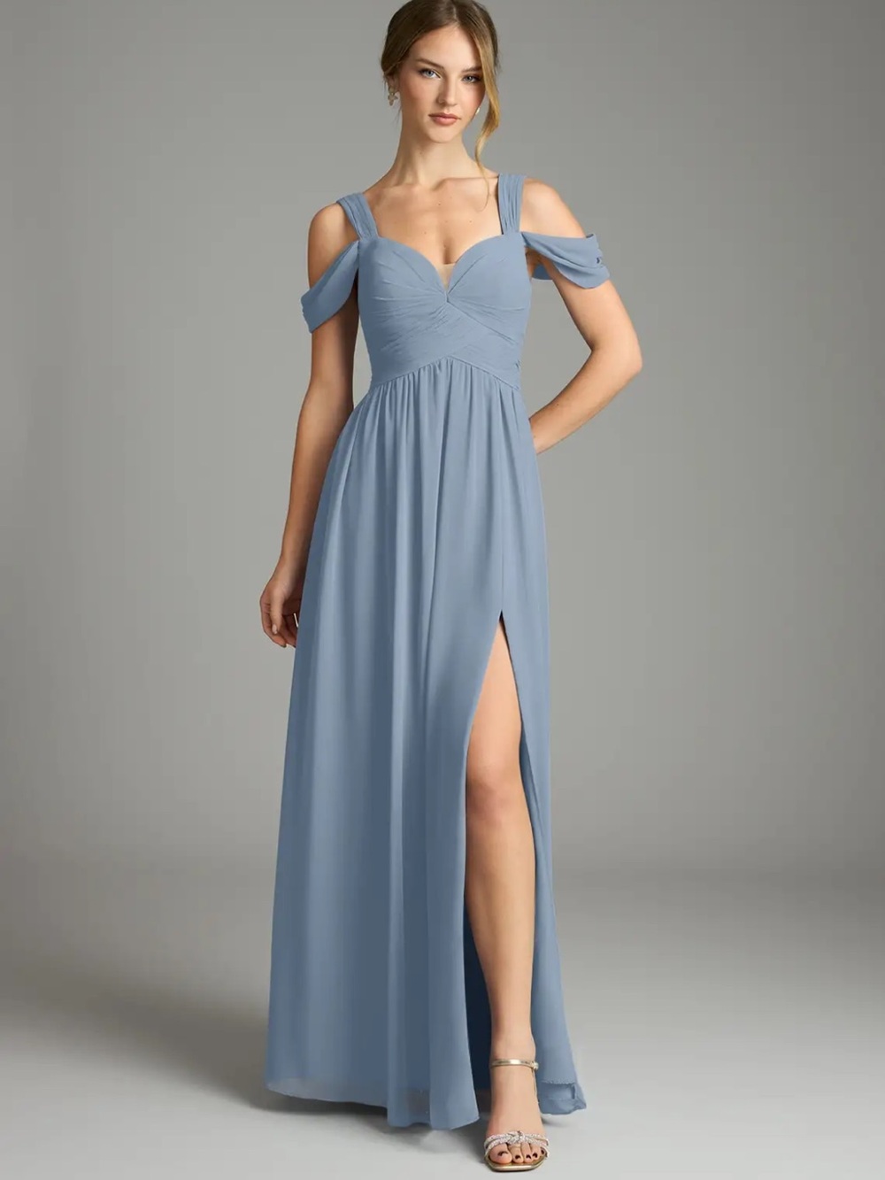 Azazie Lianne Dusty Blue One-Shoulder Chiffon Gown